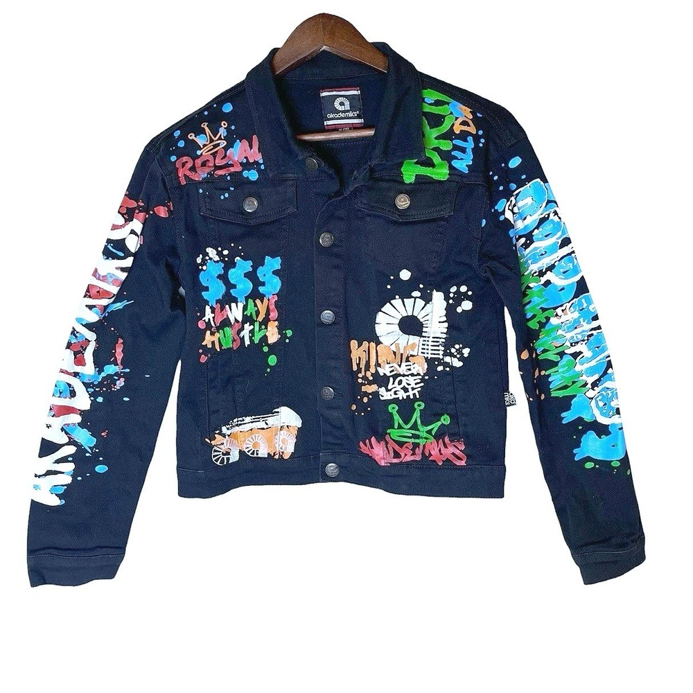 Akademiks Kids Graffiti Denim Jacket Black Streetwear XL 18 Y2K Youth